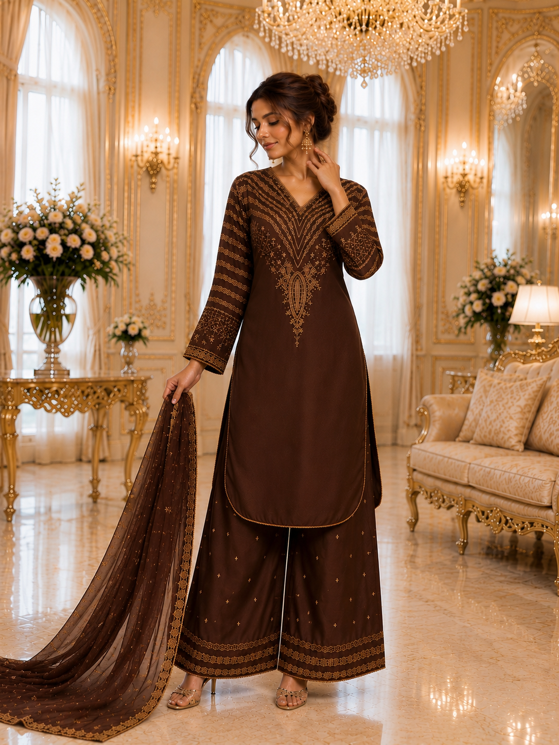 (296) Brown Viscose Palazzo Suit | Gold Thread & Sequin Embroidery