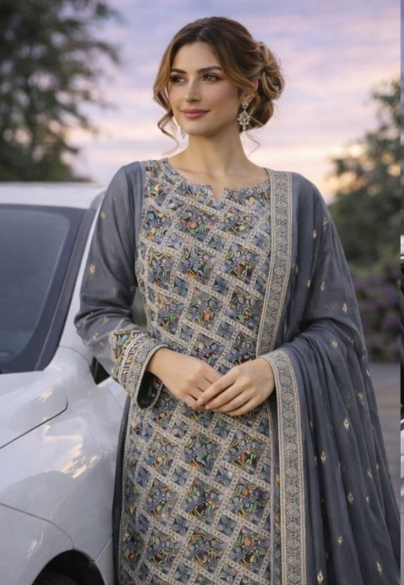 (355) Elegant grey fancy zari lawn suit, ready-to-wear, beautifully crafted with intricate detailing and paired with a four-sided (chaar patti) richly embroidered dupatta for a complete graceful look