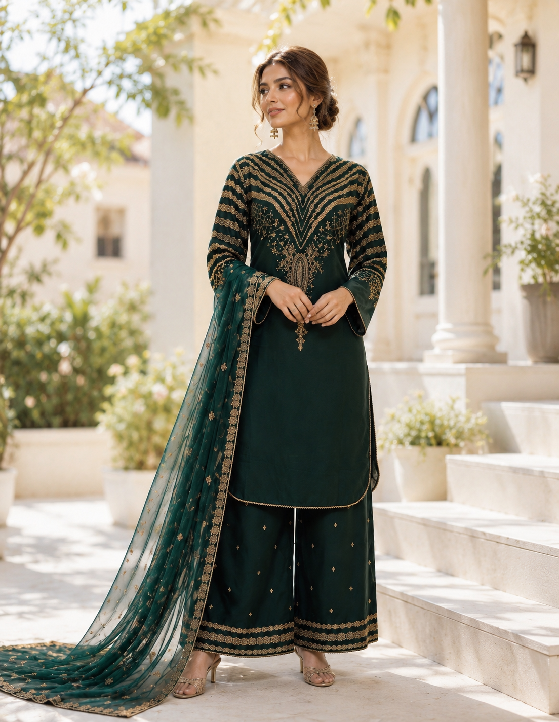 (290) Green Viscose Palazzo Suit | Gold Thread & Sequin Embroidery