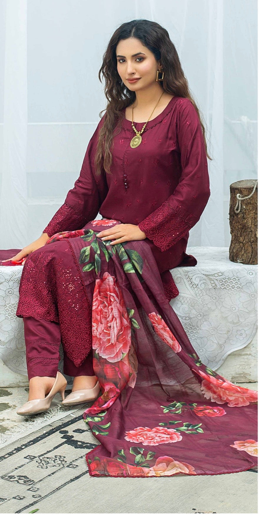 (306) Pakistani Chikankari Viscose Suit | Sequin & Floral Dupatta