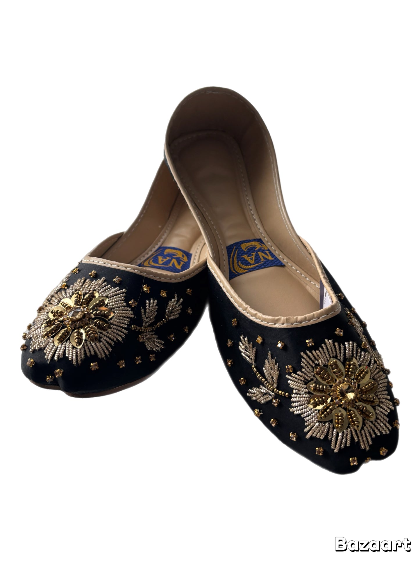 (S17) Handmade Satin Khusa – Gold Embroidered Punjabi Jutti with Soft Foam Comfort