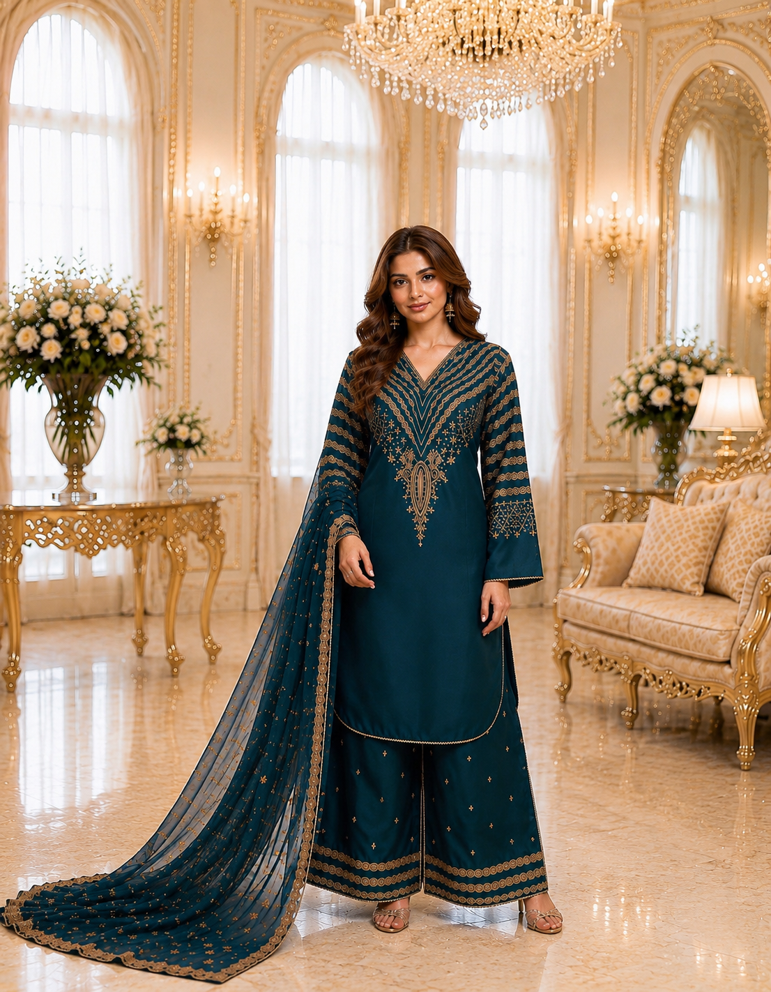 (291) Viscose Palazzo Suit | Gold Thread & Sequin Embroidery