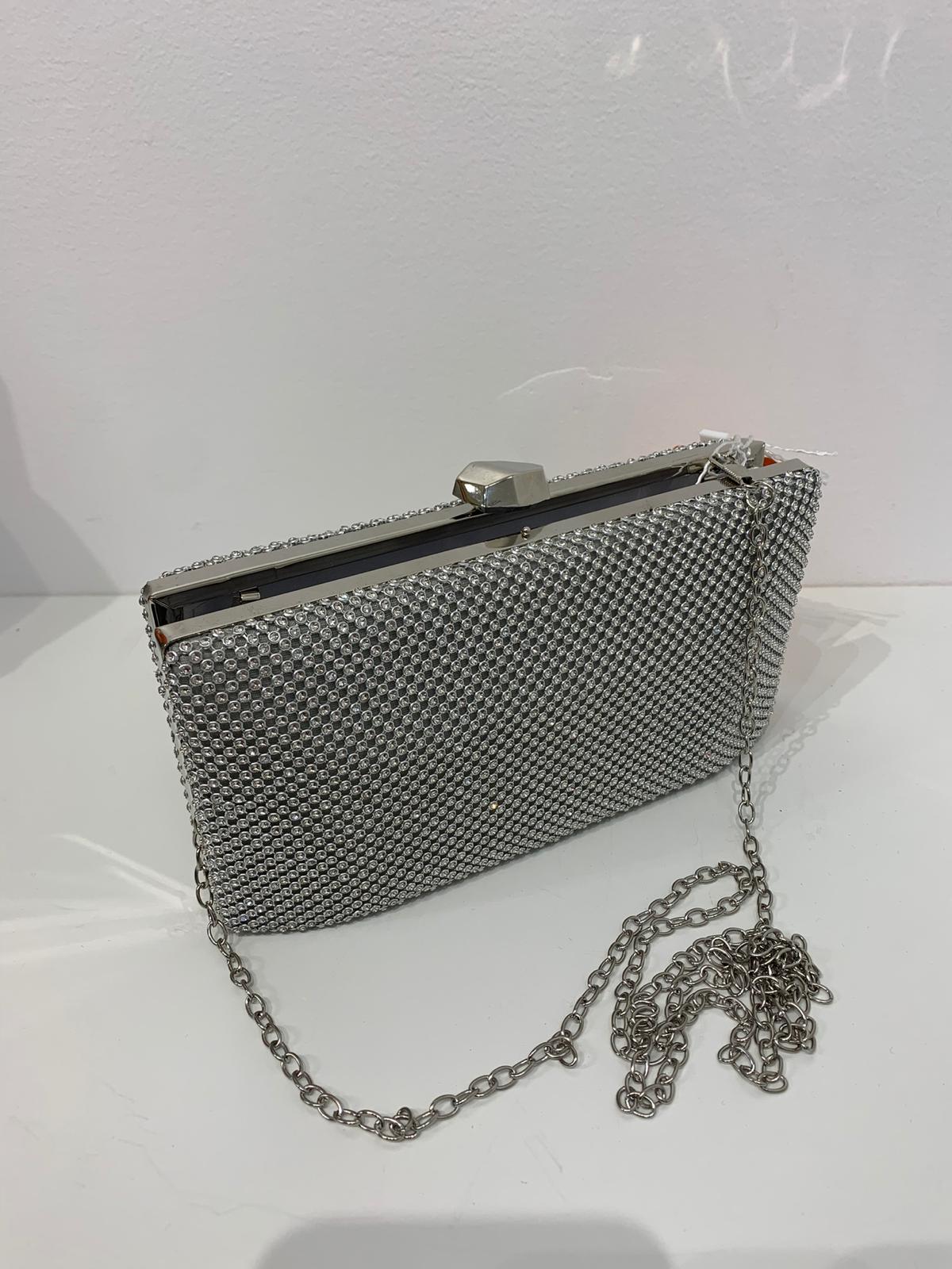 (237) Ladies Square Clutch Bag with Clasp Opening & Long Chain in Multiple Colours