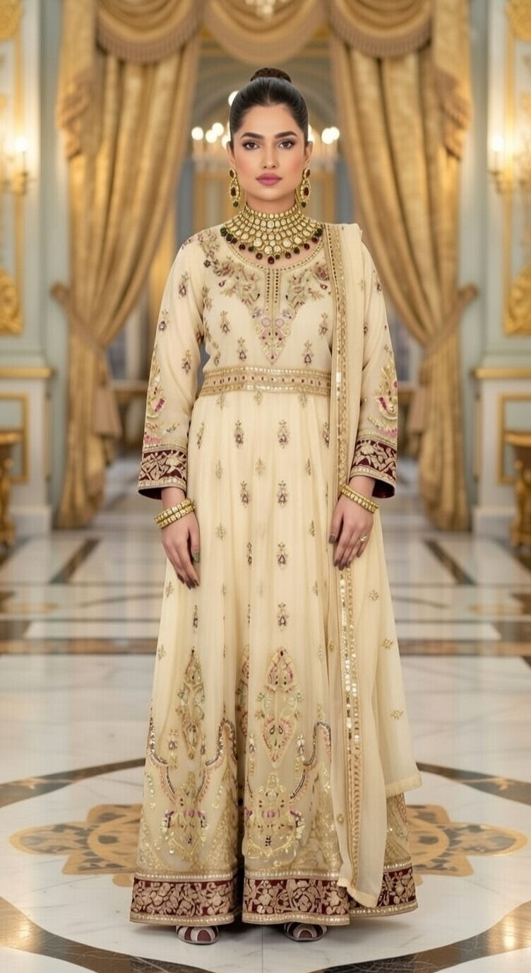(107) Elegant Pakistani beige Crinkle Chiffon Long anarkali 3-Piece Suit with Gold Diamante Accents and Fine Gold Thread Embroidery