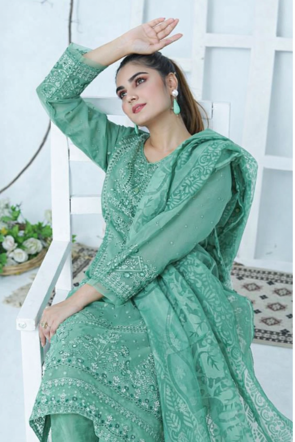 (276) Ready-Made Organza Suit | Sequin & Chikankari Embroidery