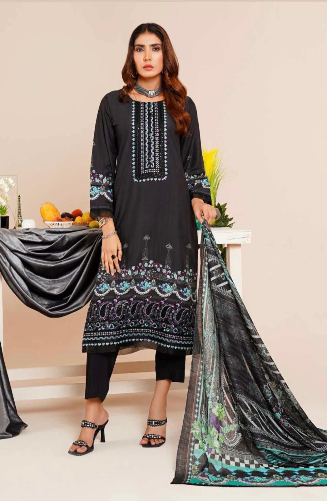 (239) Linen Pakistani Elegantly Embroidered Three-Piece Ready Made Suit