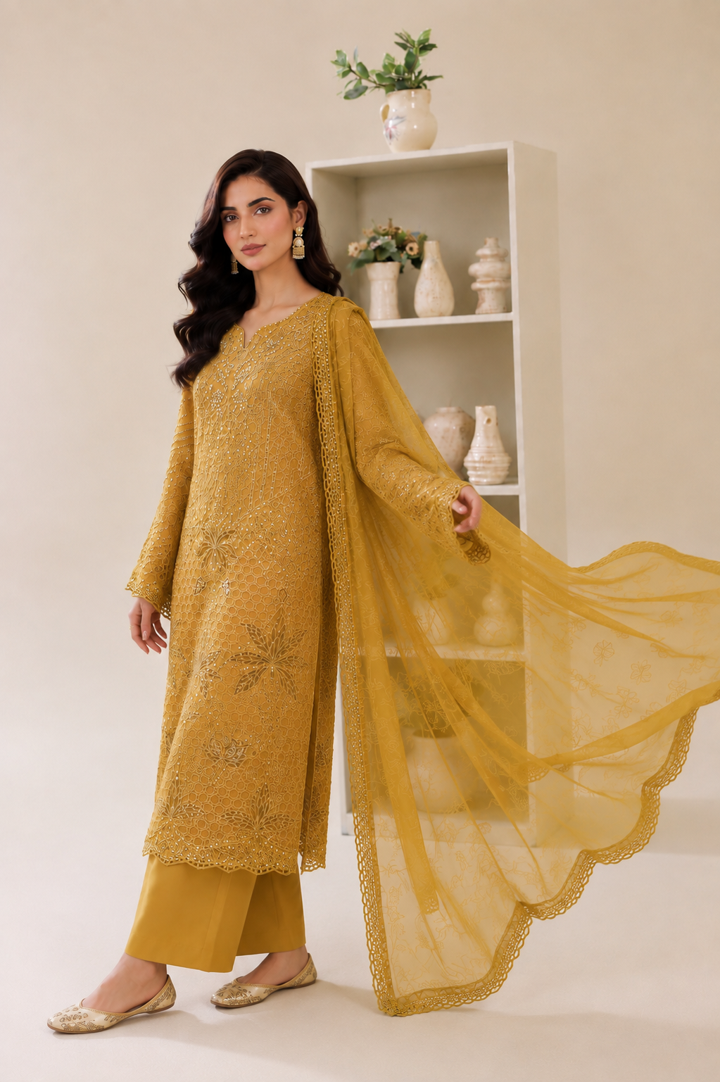 (182) Maria b inspired embroidered arabic lawn lace cutwork pearl sequins printed tissue silk dupatta ready to wear