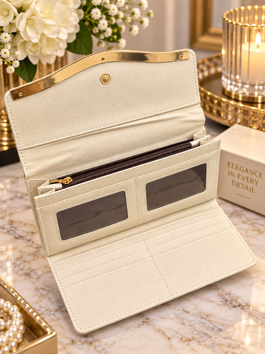 (354) Elegant cream purse with stylish gold detailing, multiple card slots, ID windows and a secure zipped compartment. Chic, spacious and perfect for everyday use