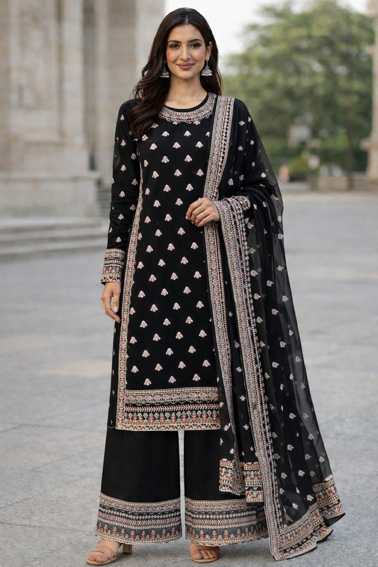 (322) Embroidered Chiffon Kameez | Gold Beaded Dupatta Set