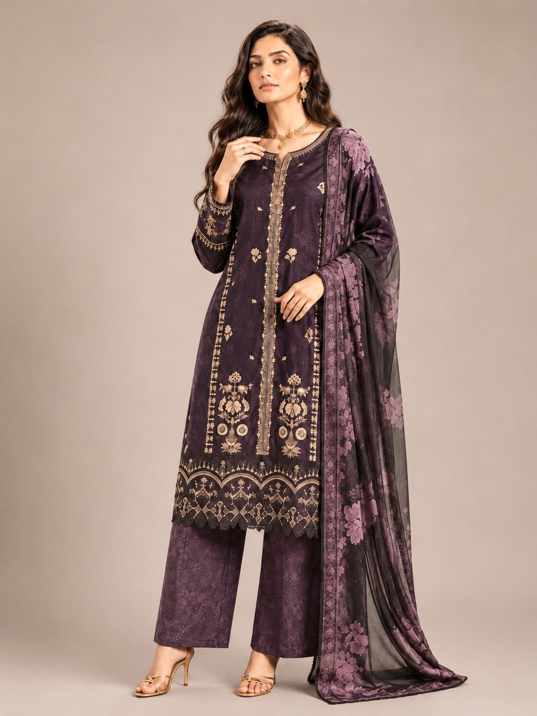 (218) Elegant Floral Printed Lawn Suit | Gold Thread & Sequin Embroidery
