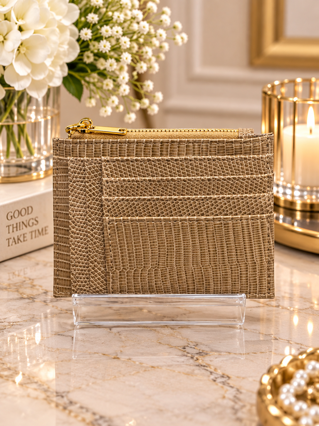 (355) Elegant textured card holder purse with multiple card slots, secure zip compartment and stylish gold detailing. Compact, practical and perfect for everyday use