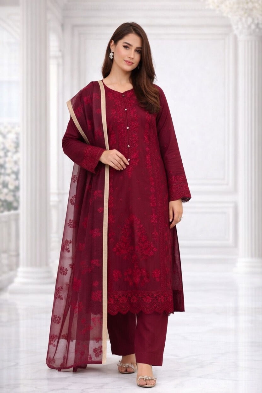 (350) Maroon Chikankari Viscose Suit | Sequin Embroidery | Ready to Wear