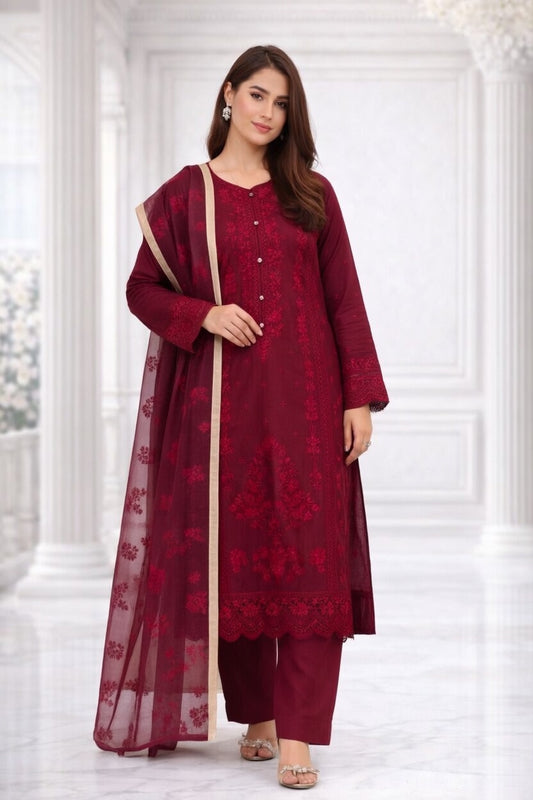 (350) Maroon Chikankari Viscose Suit | Sequin Embroidery | Ready to Wear
