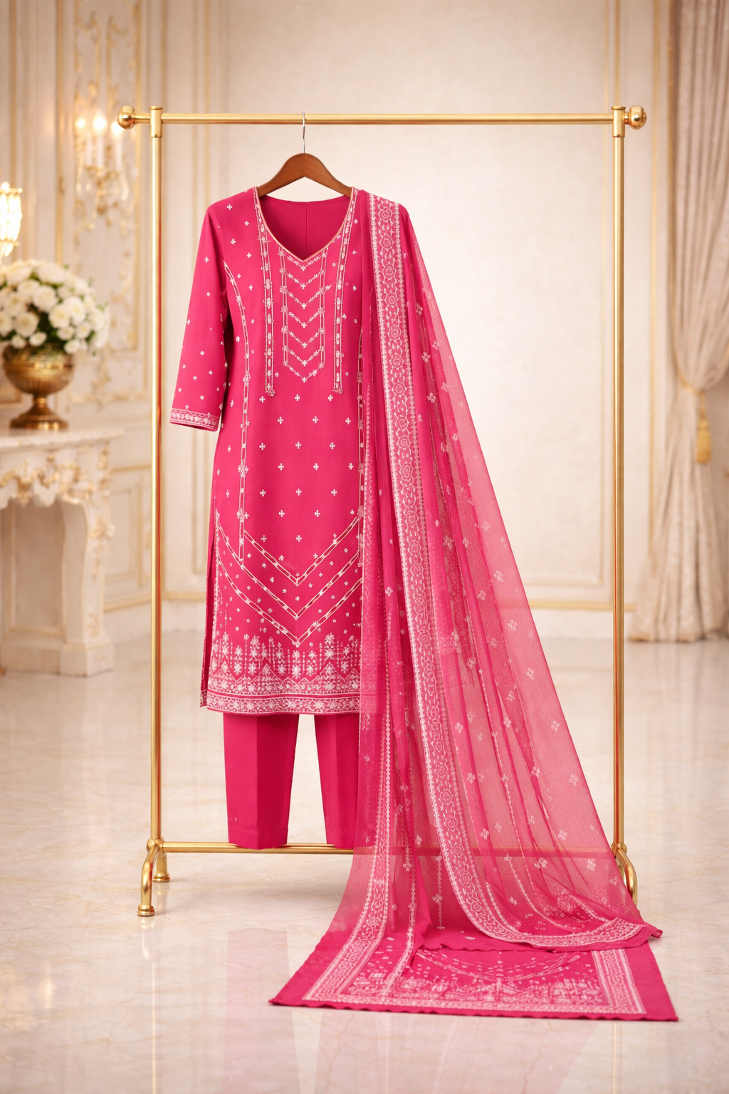 (8) Viscose Embroidered Suit with Vibrant Digital Dupatta Soft and Breathable