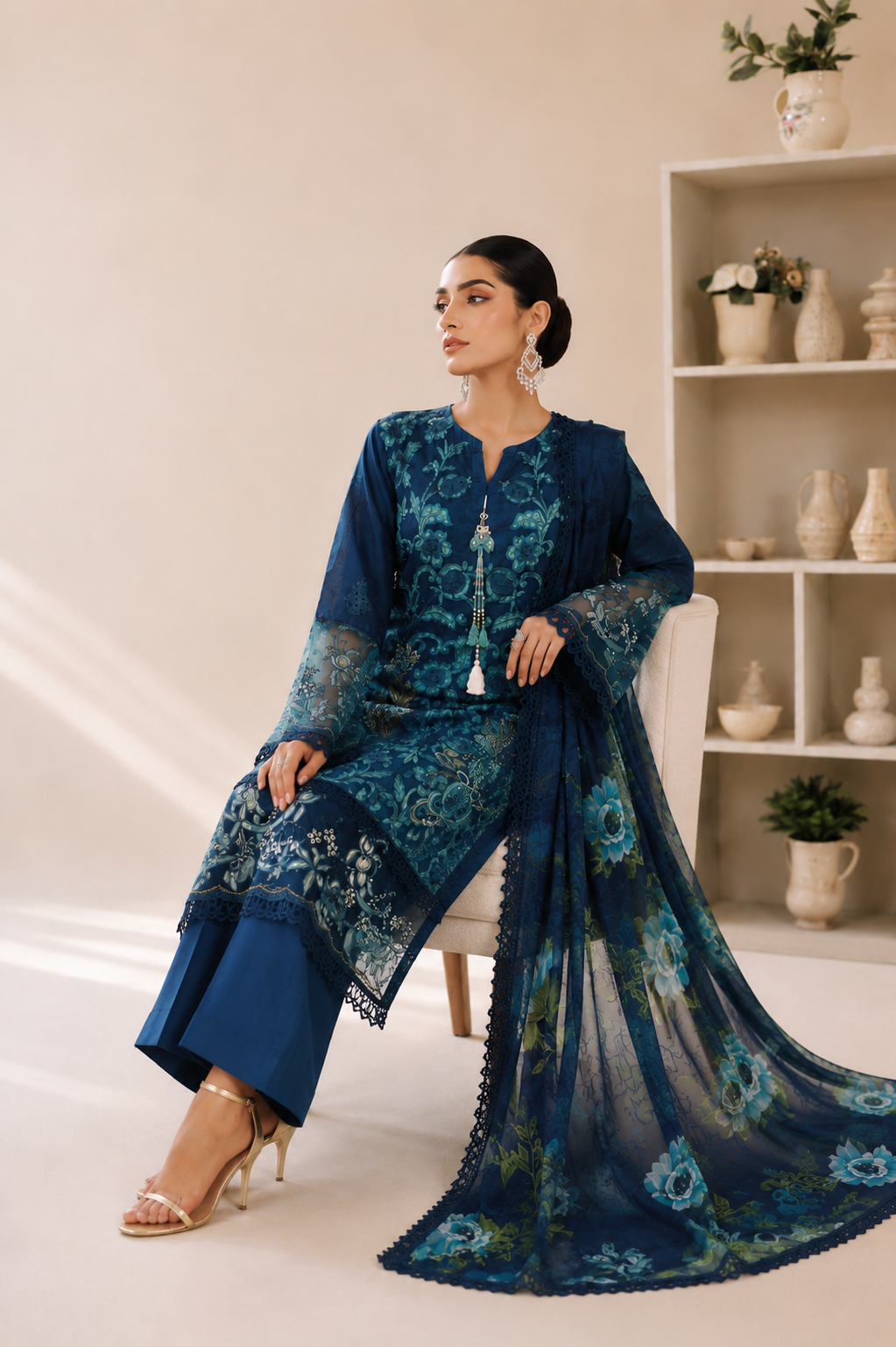(352) Maria b inspired embroidered arabic lawn embellished pearl sequin printed tissue silk dupatta ready to wear