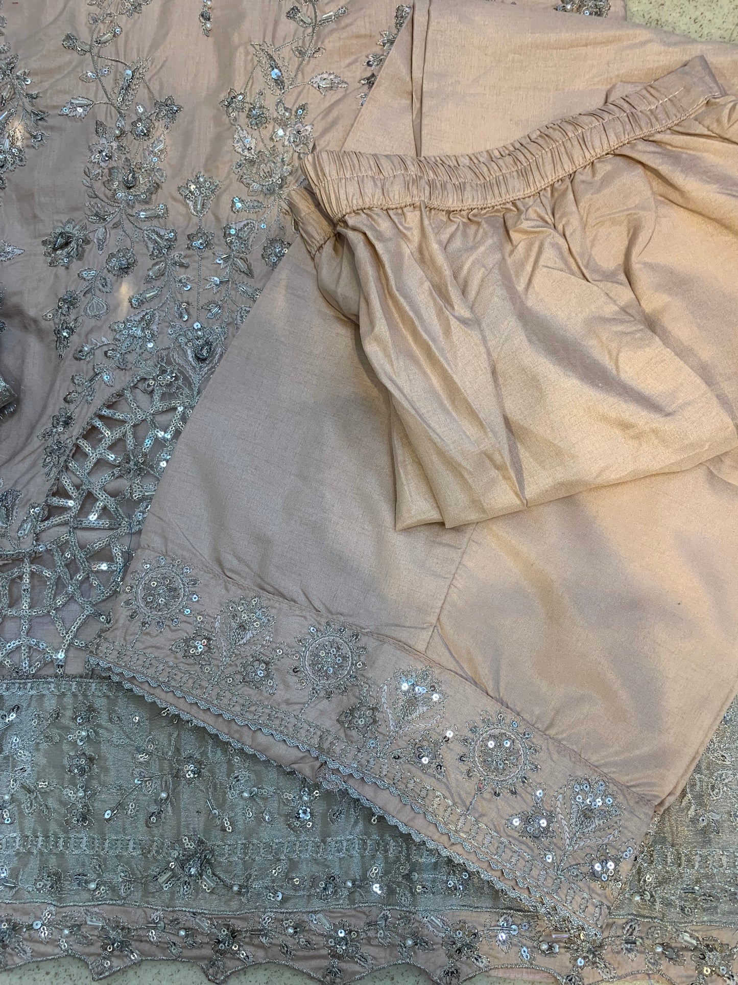 (34) Elegant Pink Raw Silk Palazzo Suit with Sequin & Pearl Embroidered Organza Dupatta – Ready to Wear