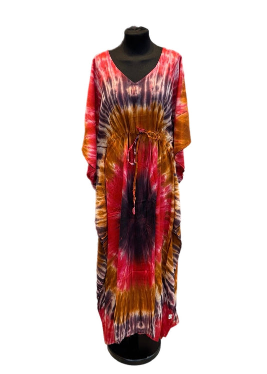 (116) Tie dye long butterfly kaftan dress viscose belted one size