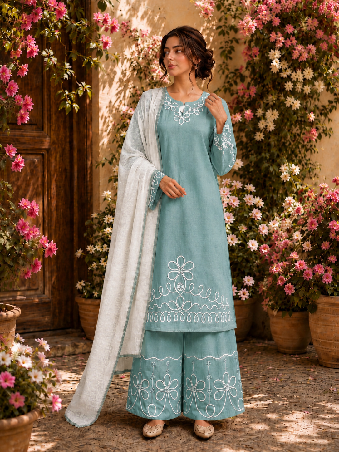 Elegant Linen lined pattern Suit
Crafted from breathable premium linen, this elegant ready-to-wear suit features beautiful white embroidery on the neckline, sleeves, kameez hem, and palazzo trousers.