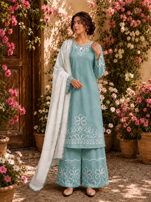 (69) Elegant Linen lined pattern Suit
Crafted from breathable premium linen, this elegant ready-to-wear suit features beautiful white embroidery on the neckline, sleeves, kameez hem, and palazzo trousers.