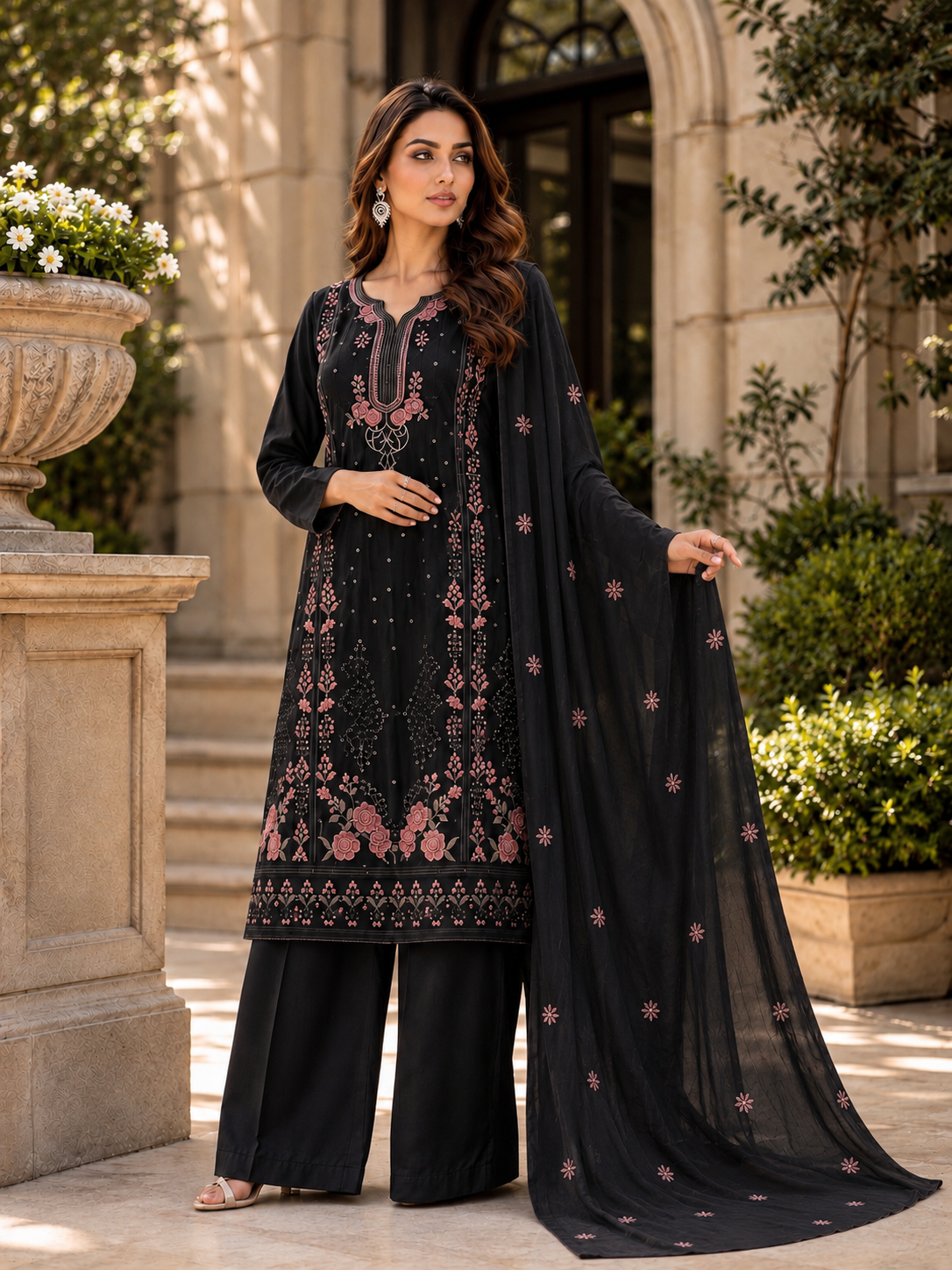 (358) Abeeha black suit features a soft, comfortable viscose kameez beautifully finished with delicate floral embroidery. Paired with coordinating trousers and a stunning lightweight Bamber dupatta, it’s the perfect