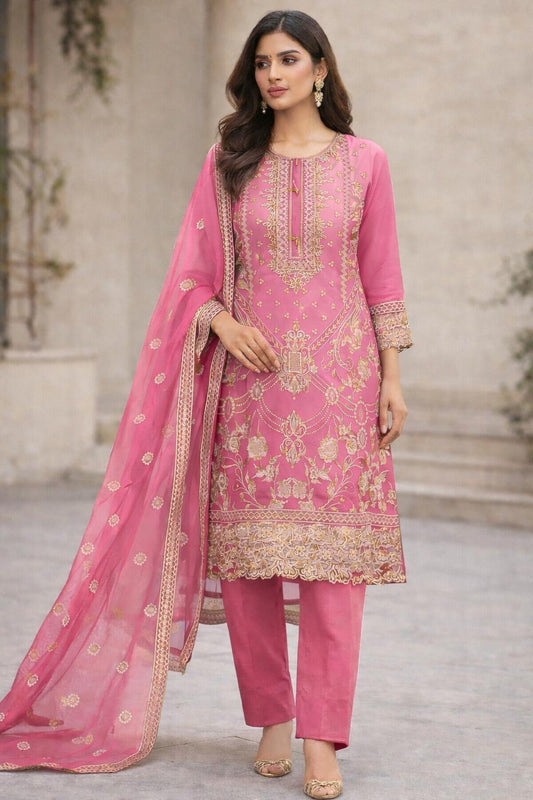 (335) Embroidered Chiffon Kameez | Gold Beaded Dupatta | Ready to Wear