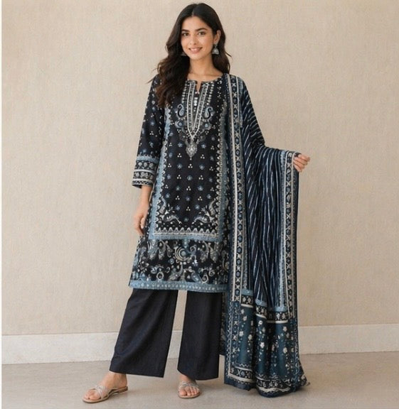 (124) Bin Saeed Floral Lawn Suit | Mirror Buttons & Contrast Dupatta
