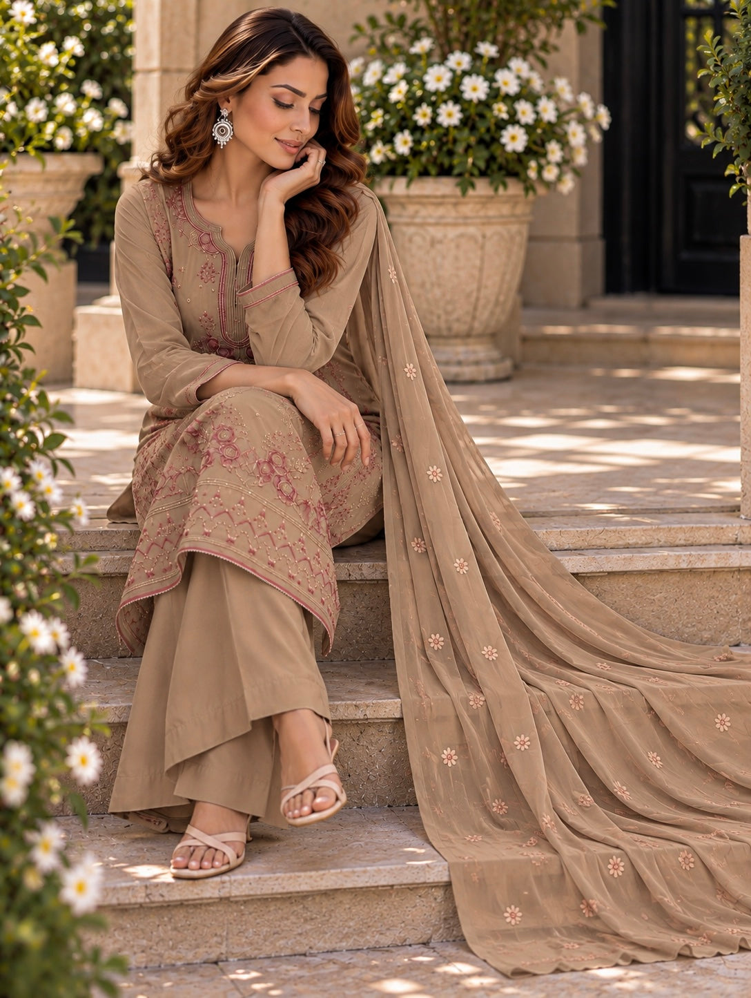 (362) Abeeha beige/taupe Viscose Floral Embroidered Suit 
A beautiful blend of comfort and elegance, soft viscose kameez with delicate floral embroidery, paired with a stunning Bamber dupatta