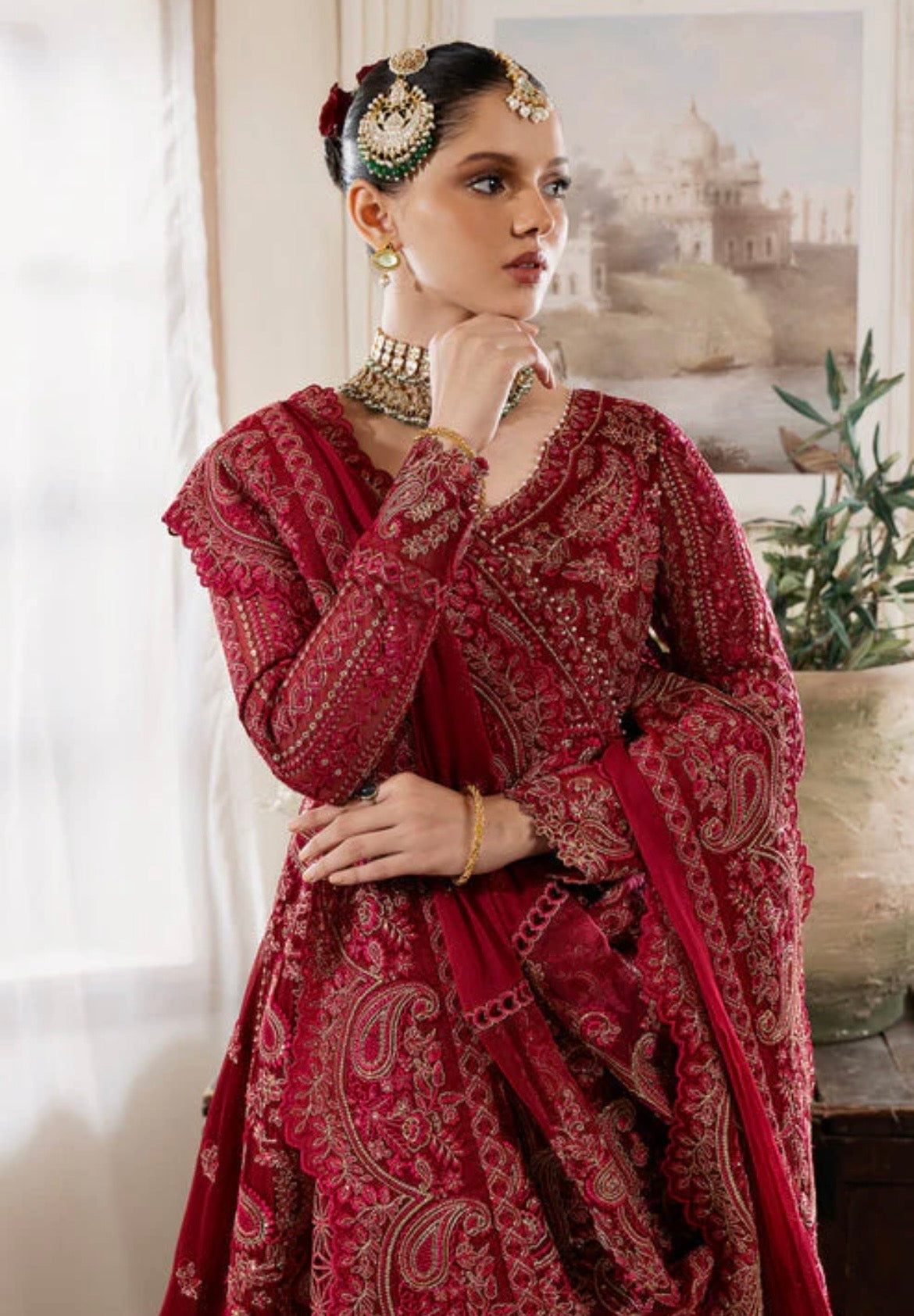 (184) Muse by Serene Cerise Pink Pearl & Gold Thread Embroidered Ready-Made