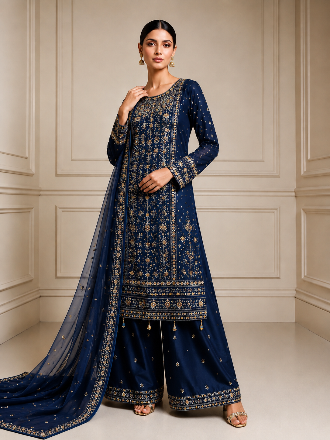 (170) elegant navy gold embroidered chiffon fully lined detailed plazzo ready to wear