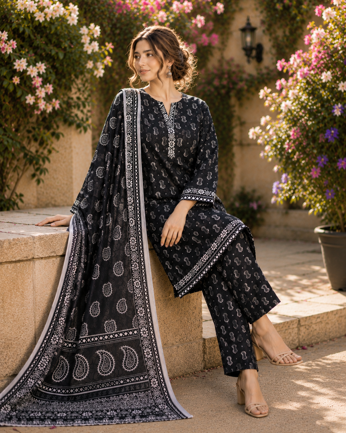 Bin saeed Lawn Suit paisley Print & Contrast Dupatta ready to wear