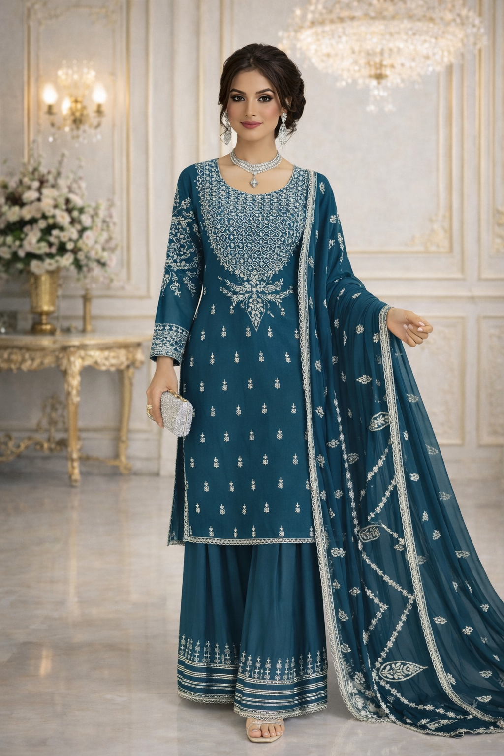 (282) Dark Teal Chiffon Gharara | Sequin Embroidery & Dupatta