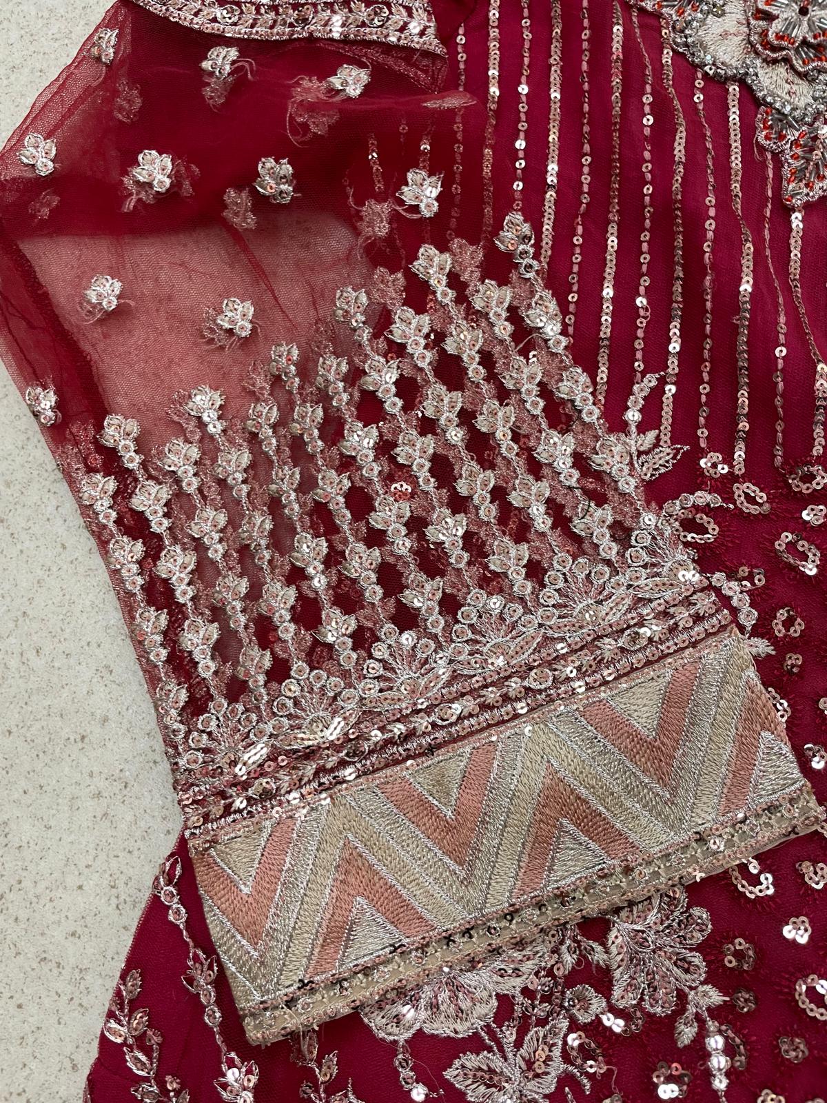 (58) Stunning Pakistani Embroidered Organza Suit in Deep Red &Diamante & Pearls