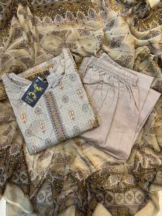 (45) Pakistani Printed Embroidered Lawn Suit | Ready-to-Wear Casual Outfit with Palazzo Trousers