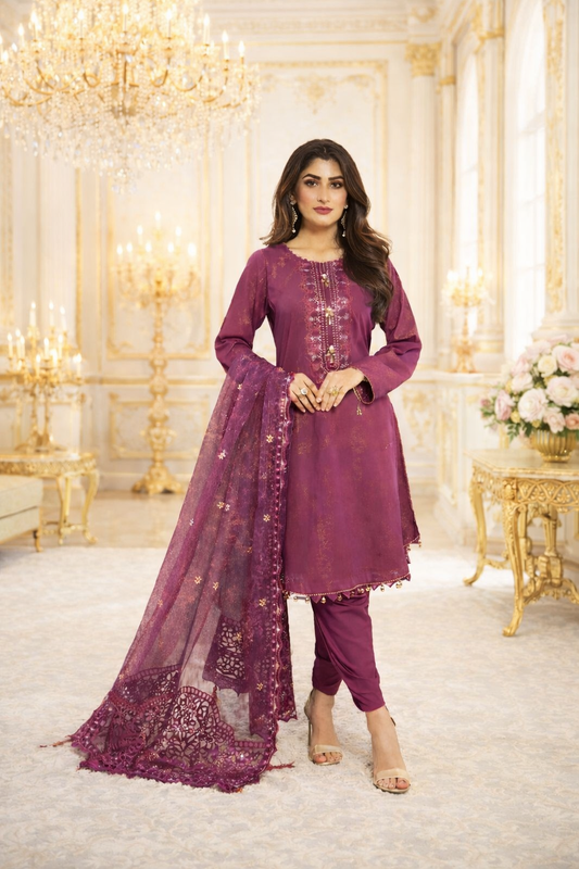 (200) Tawakkal Karandi Suit with Banarsi Organza Embroidered Dupatta