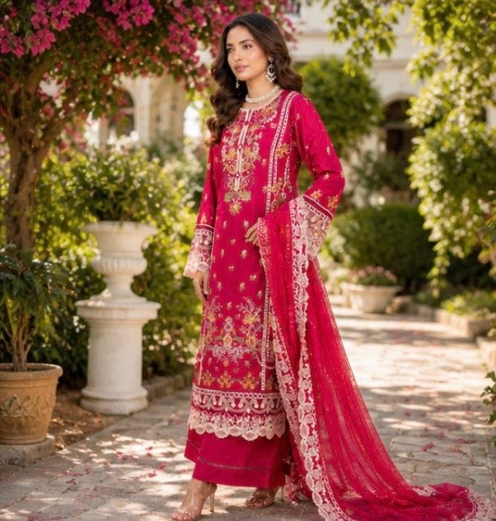 (198) Munira premium lawn chiffon plazzo dupatta lace floral beaded fully lined ready to wear