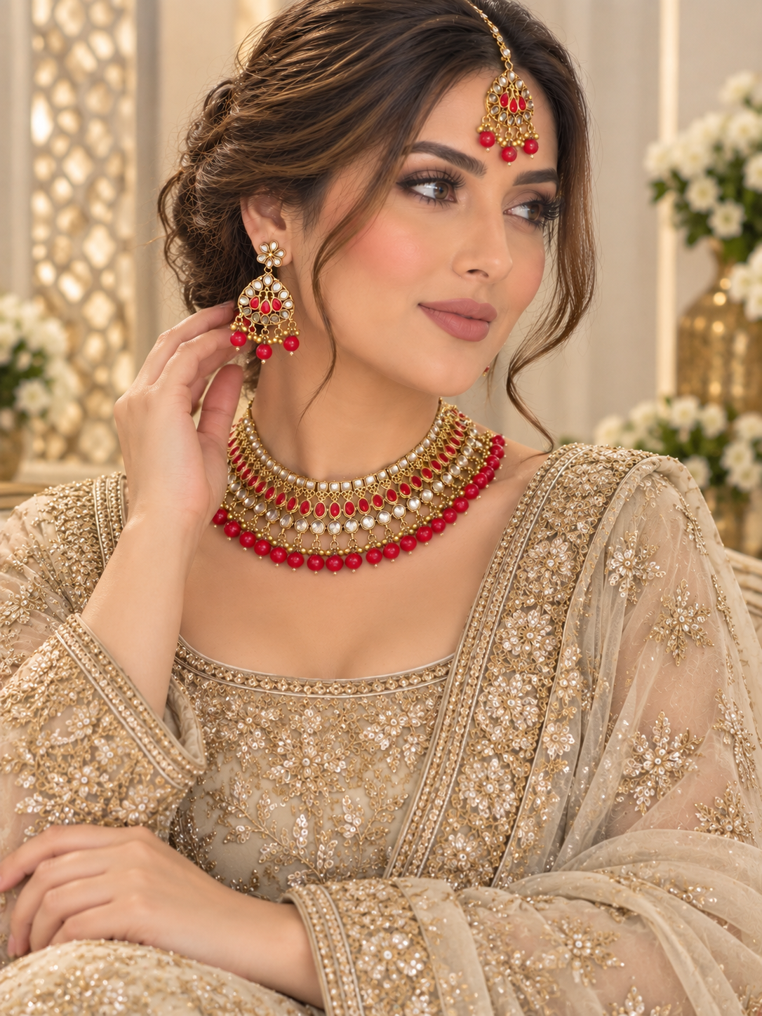 (J7) Elegant gold-tone jewellery set with red stones, sparkling details and matching tikka and earrings. Perfect for weddings and special occasions