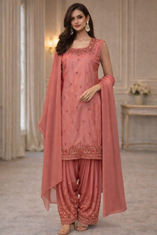 (76) Elegant Indian ready-to-wear samosa shalwar suit in silk, beautifully finished with hand embroidery and paired with a graceful chiffon dupatta.
