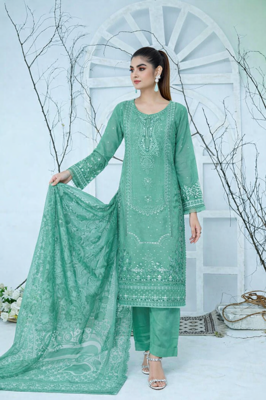(276) Beautiful Ready Made Organza Suit with Delicate Sequin Thread Chicken Kari Embroidery