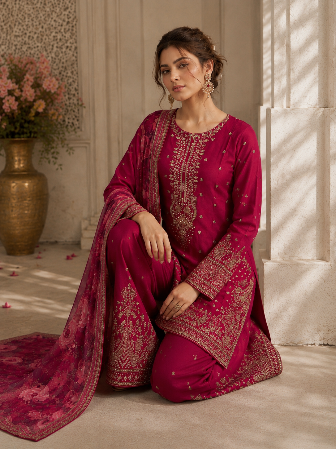 (175) Elegant shocking pink gold thread embroidered sequin chiffon fully lined plazzo organza floral dupatta ready to wear suit