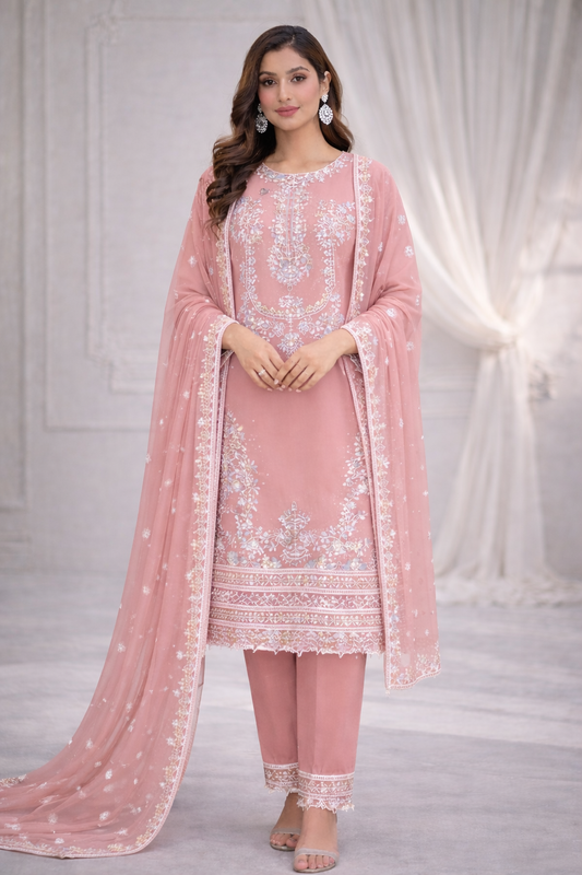 (100) Pakistani Pink Peach Chiffon Embroidered Outfit with Diamonte Detailing Chiffon Dupatta and Straight Trousers Ready to Wear