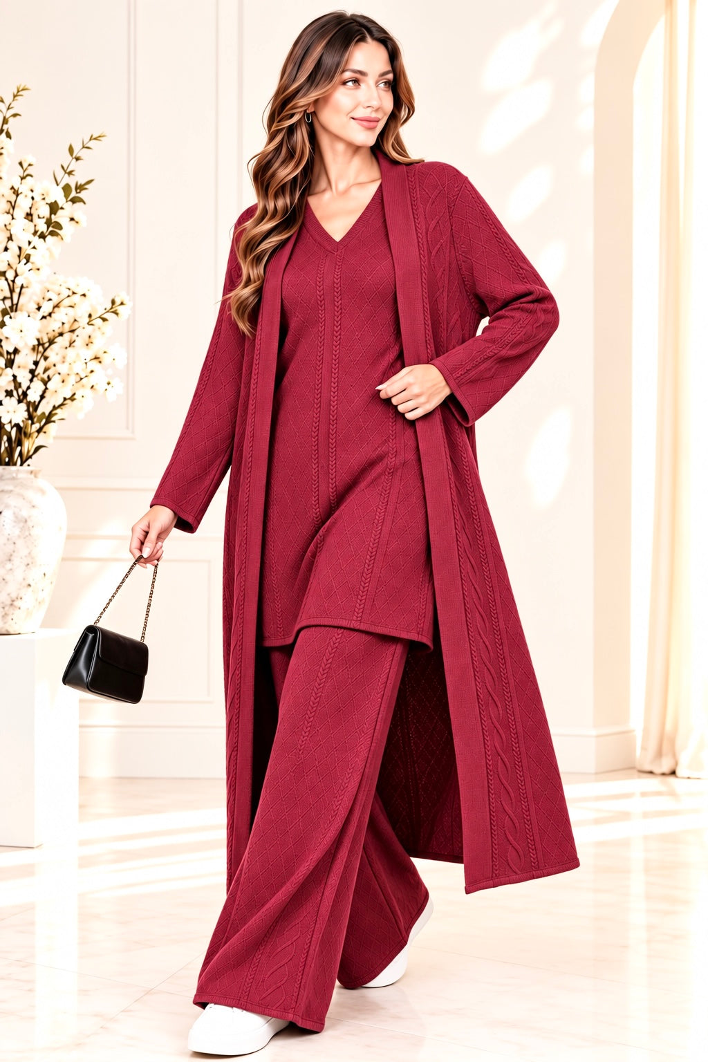 (378) Elegant 3-piece deep red one size textured knit co-ord set Featuring a flattering V-neck tunic, flowing wide-leg trousers and a matching longline open cardigan. stylish, comfortable effortlessly elegant outfit