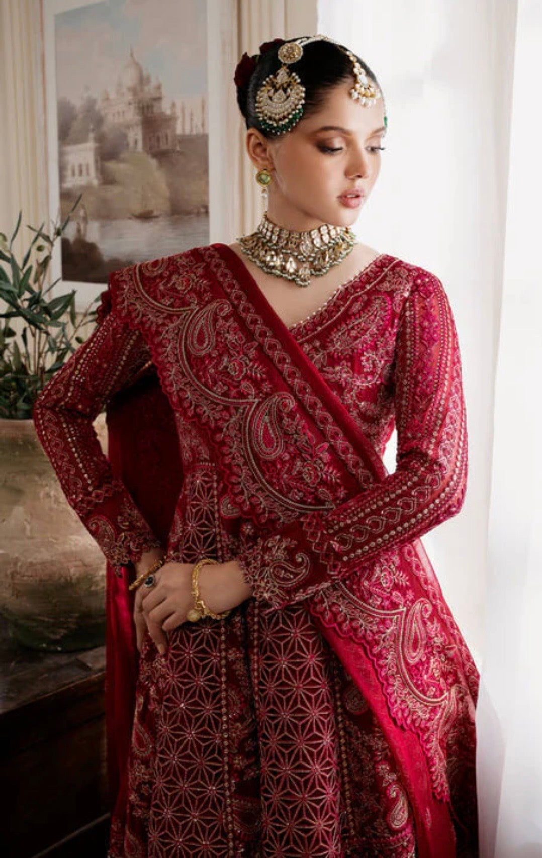 (184) Muse by Serene Cerise Pink Pearl & Gold Thread Embroidered Ready-Made
