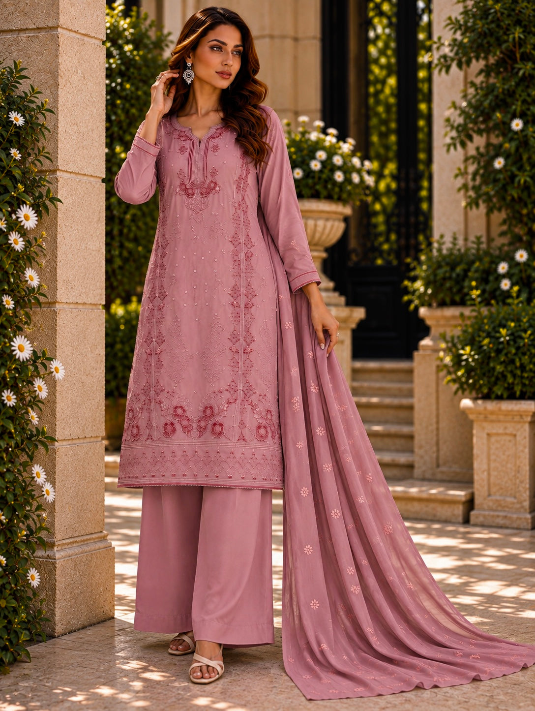 (361) Abeeha mauve Viscose Floral Embroidered Suit 
A beautiful blend of comfort and elegance, soft viscose kameez with delicate floral embroidery, paired with a stunning Bamber dupatta