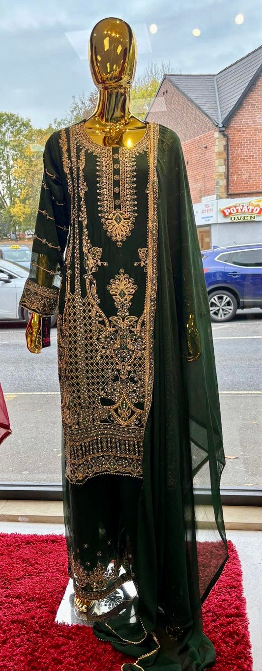 (126) Luxury Green Zaib Embroidered Chiffon 3-Piece Pakistani Occasion Suit