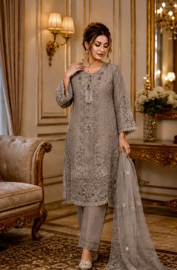 (156) Munira Premium Lawn Suit | Beaded Sequin Embroidery & Chiffon Dupatta