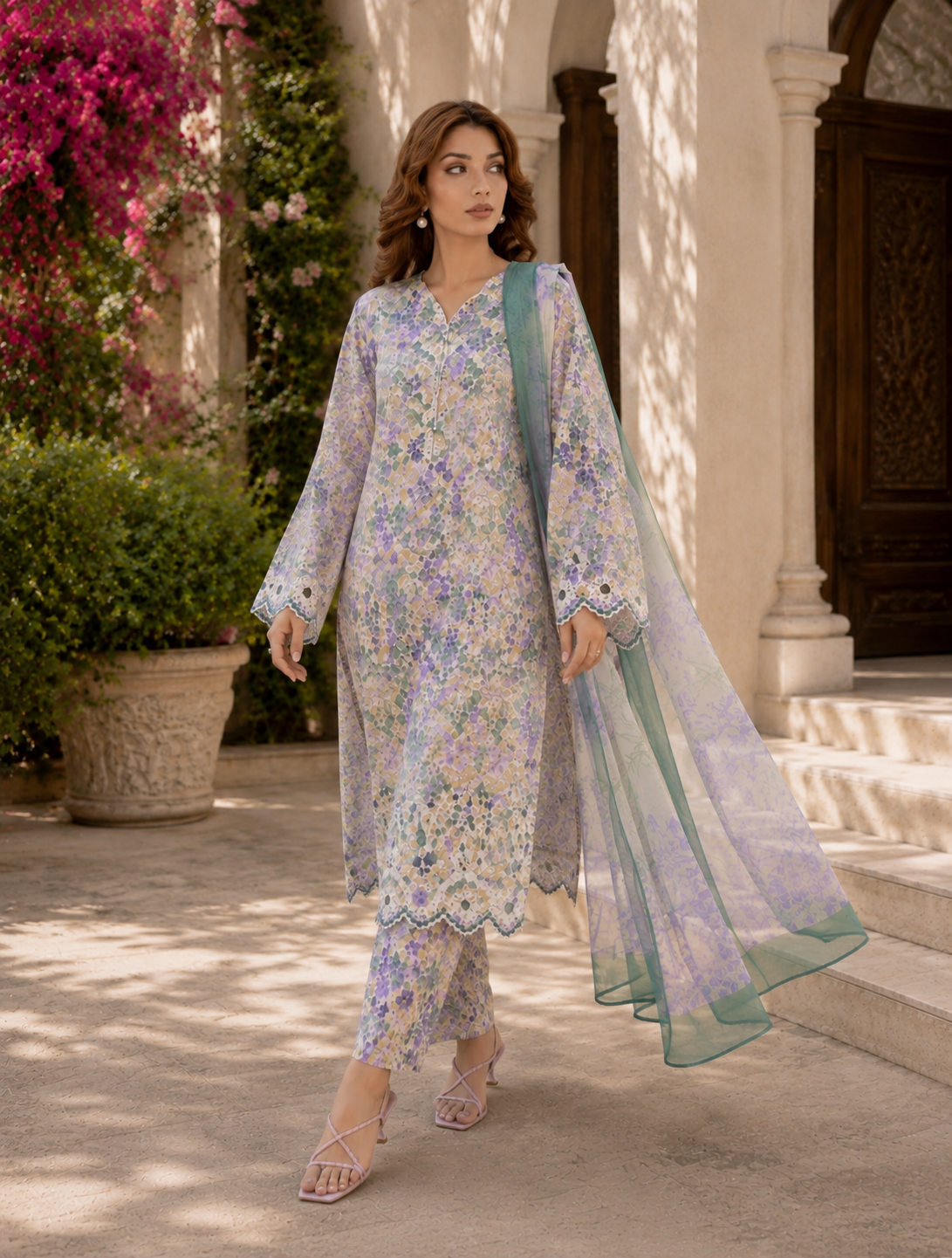 (183) Adan’s Libas Printed Lawn Suit | Lace Embroidery & Voile Dupatta