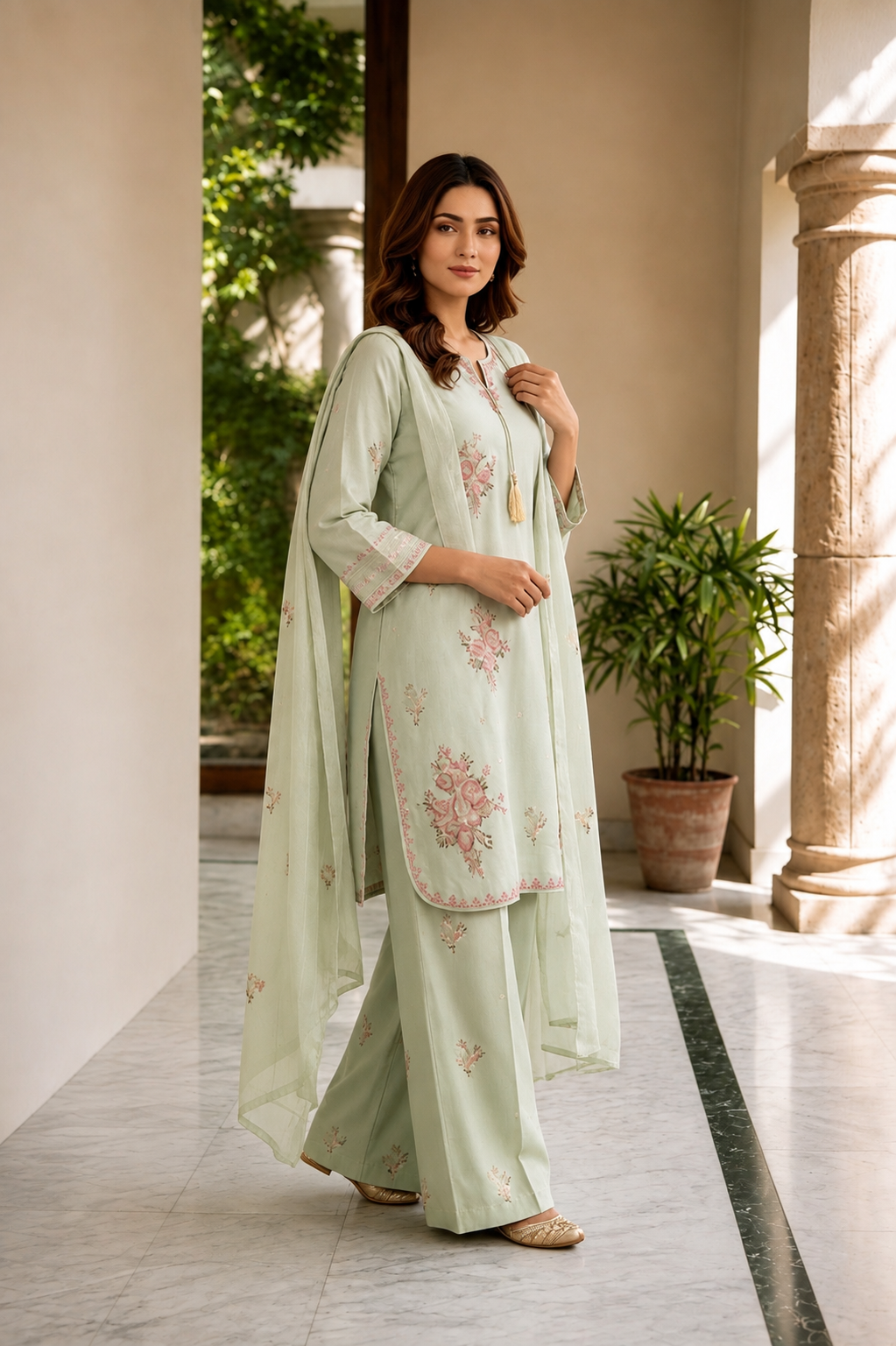(356) Abeeha Elegant Light Green Viscose Suit – A beautifully designed rounded kameez featuring delicate gold thread floral embroidery, paired with stylish palazzo trousers and a soft bamber dupatta.