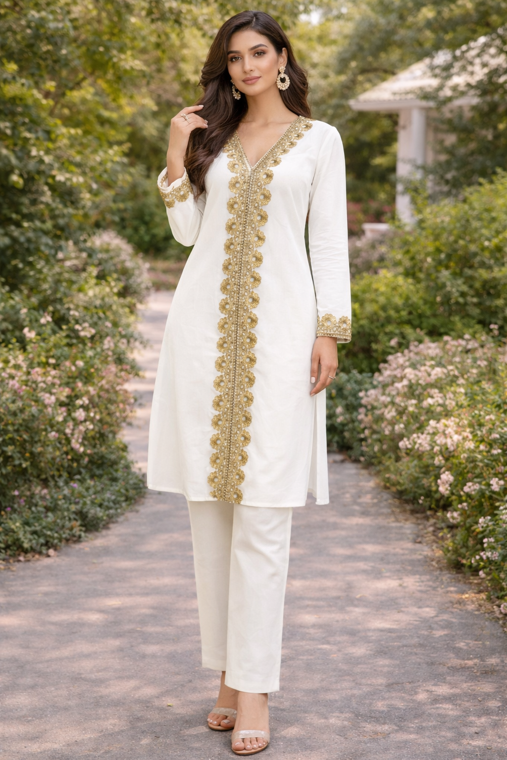 (103) Embroidered Co-ord | Diamanté Easy-Flow viscose Set Comfy Pocket Trousers