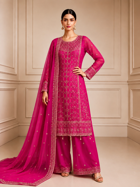 (158) elegant shocking pink  elegant gold embroidered chiffon fully lined detailed plazzo ready to wear