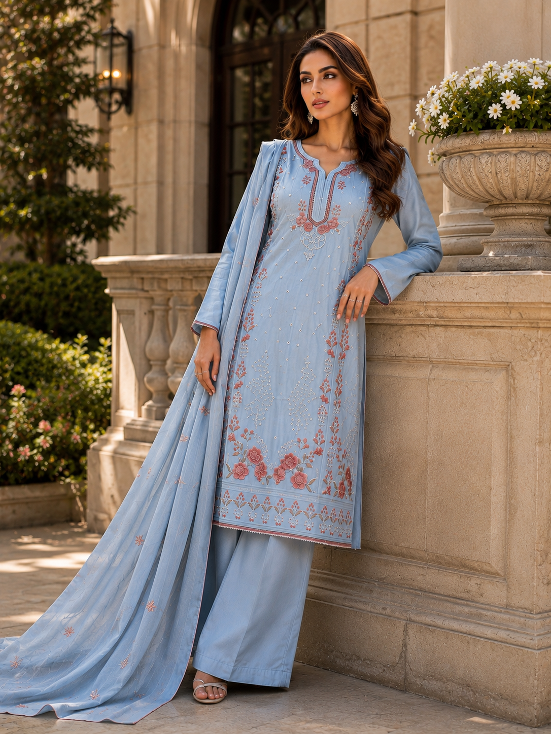 (357) Abeeha light blue suit features a soft, comfortable viscose kameez beautifully finished with delicate floral embroidery. Paired with coordinating trousers and a stunning lightweight Bamber dupatta, it’s the perfect
